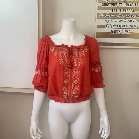 Boho Off-the-shoulder grapefruit-orange coloured blouse - long sleeve - Picture 2 of 7